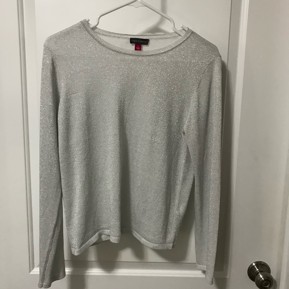 Vince Camuto Metallic semi Sheer Long Sleeve Knit Top